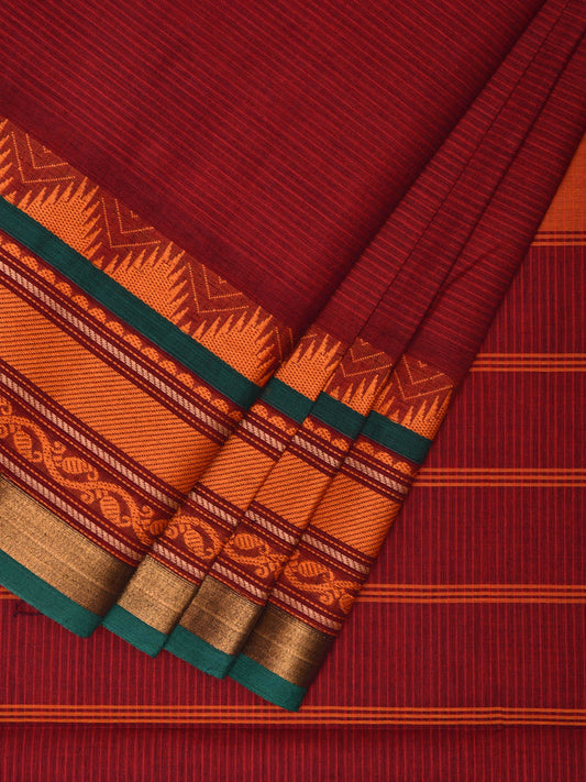 Dark Red Kanchipuram Cotton Saree with Strips Pallu and Temple Border Design k0693