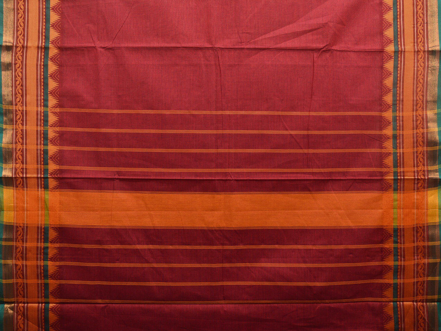Dark Red Kanchipuram Cotton Saree with Strips Pallu and Temple Border Design k0693