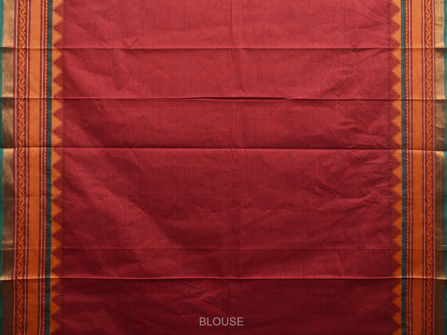 Dark Red Kanchipuram Cotton Saree with Strips Pallu and Temple Border Design k0693