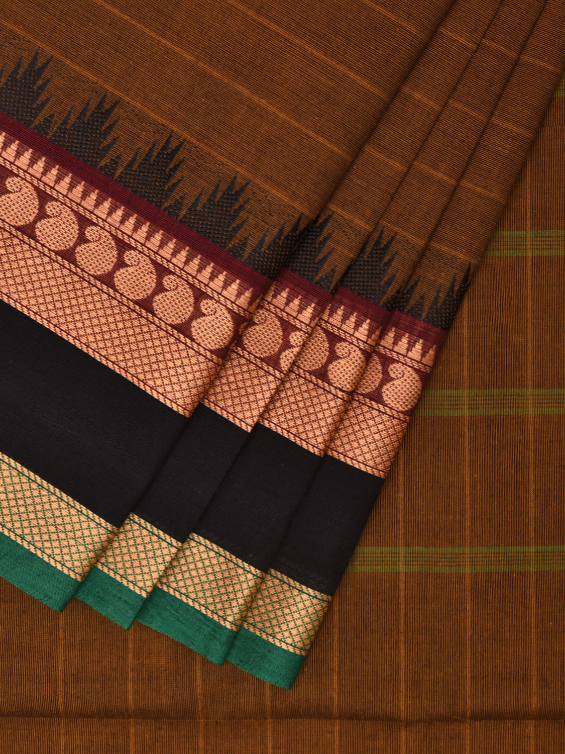 Olive Kanchipuram Cotton Saree with Strips Pallu and Temple Border Design k0694
