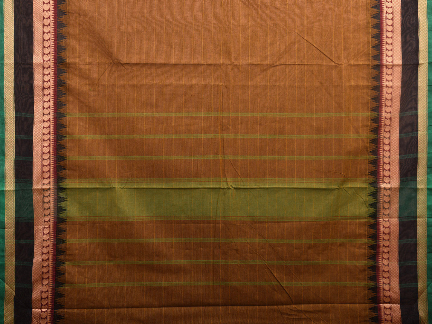 Olive Kanchipuram Cotton Saree with Strips Pallu and Temple Border Design k0694