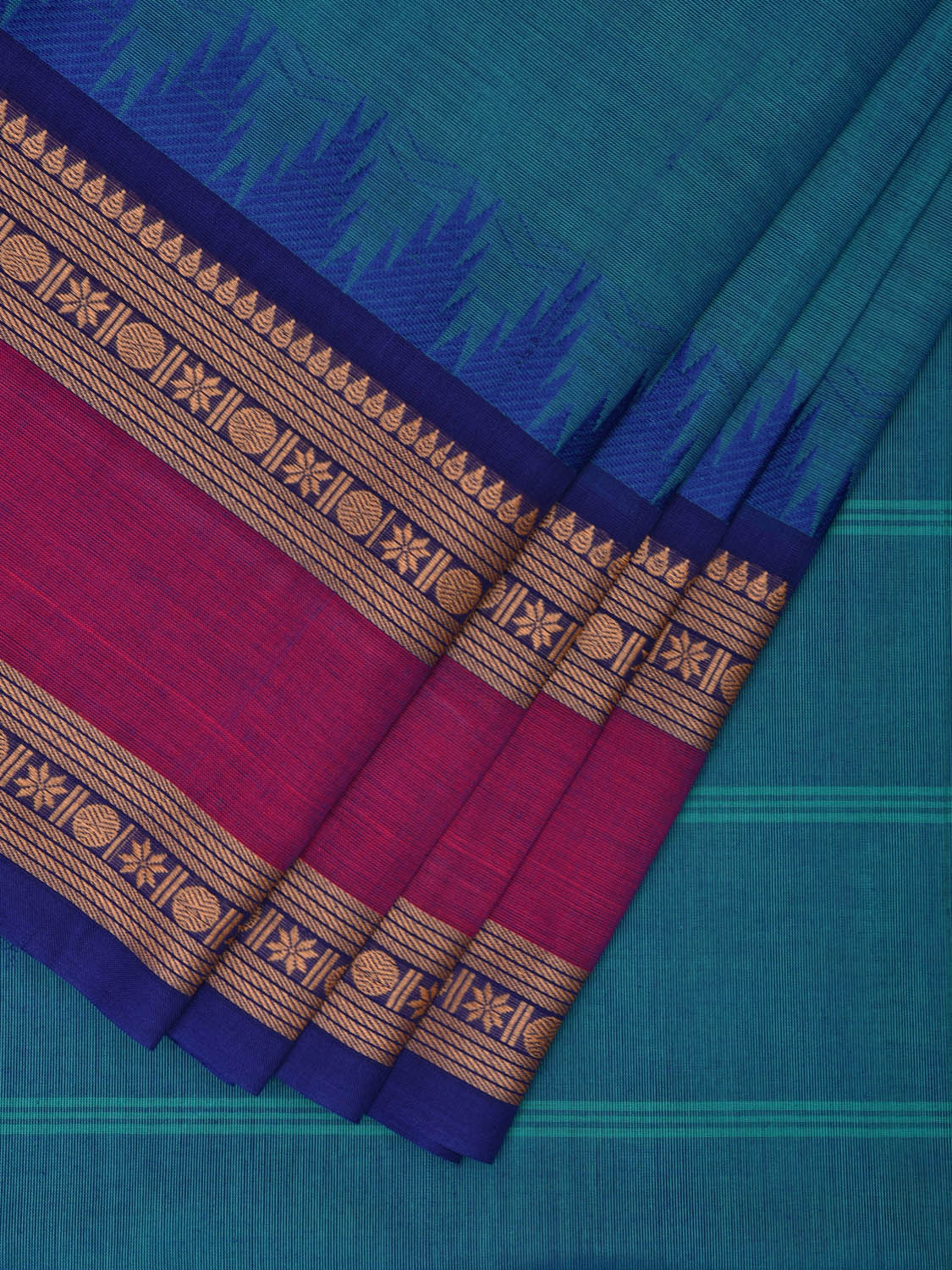 Blue and Magenta Kanchipuram Cotton Saree with Strips Pallu and Temple Border Design k0695