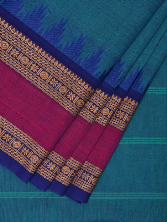 Blue and Magenta Kanchipuram Cotton Saree with Strips Pallu and Temple Border Design k0695