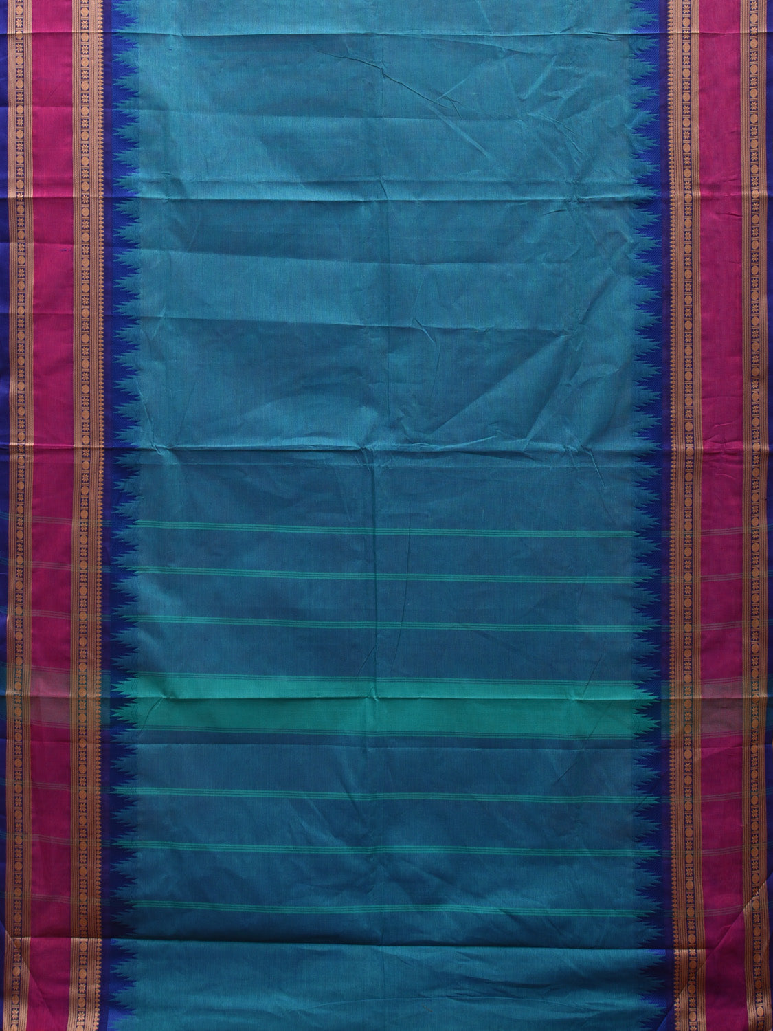 Blue and Magenta Kanchipuram Cotton Saree with Strips Pallu and Temple Border Design k0695