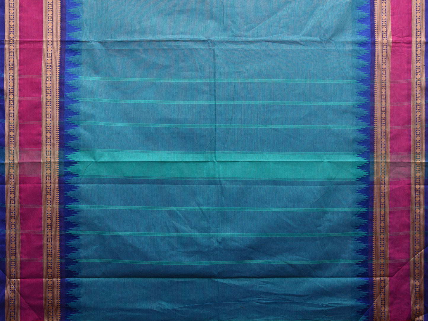 Blue and Magenta Kanchipuram Cotton Saree with Strips Pallu and Temple Border Design k0695