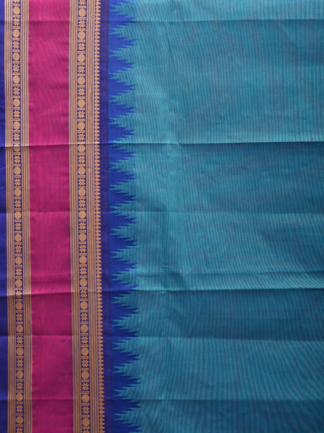 Blue and Magenta Kanchipuram Cotton Saree with Strips Pallu and Temple Border Design k0695