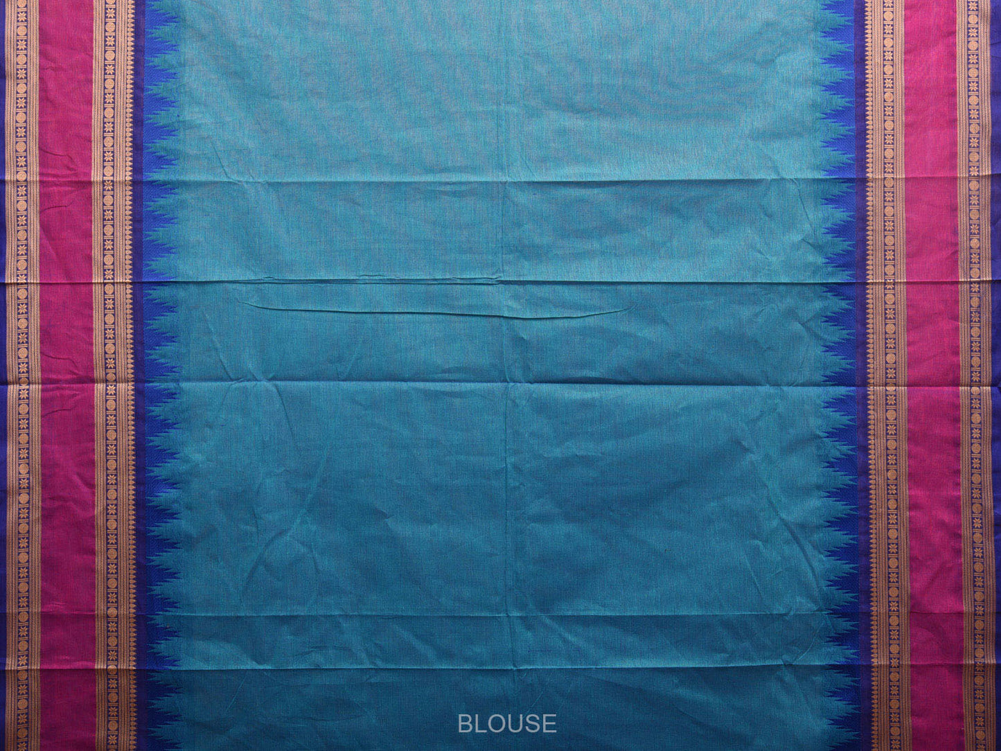 Blue and Magenta Kanchipuram Cotton Saree with Strips Pallu and Temple Border Design k0695