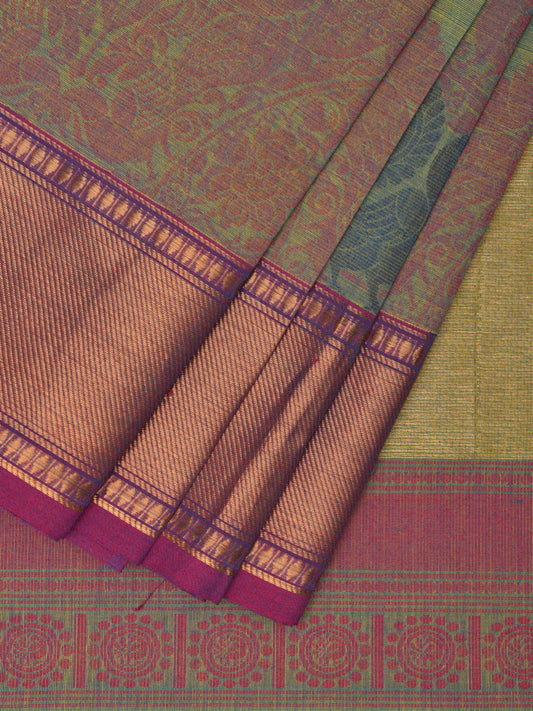 Turquoise Kanchipuram Cotton Saree with Buta and One Side Peacock Border Design k0696