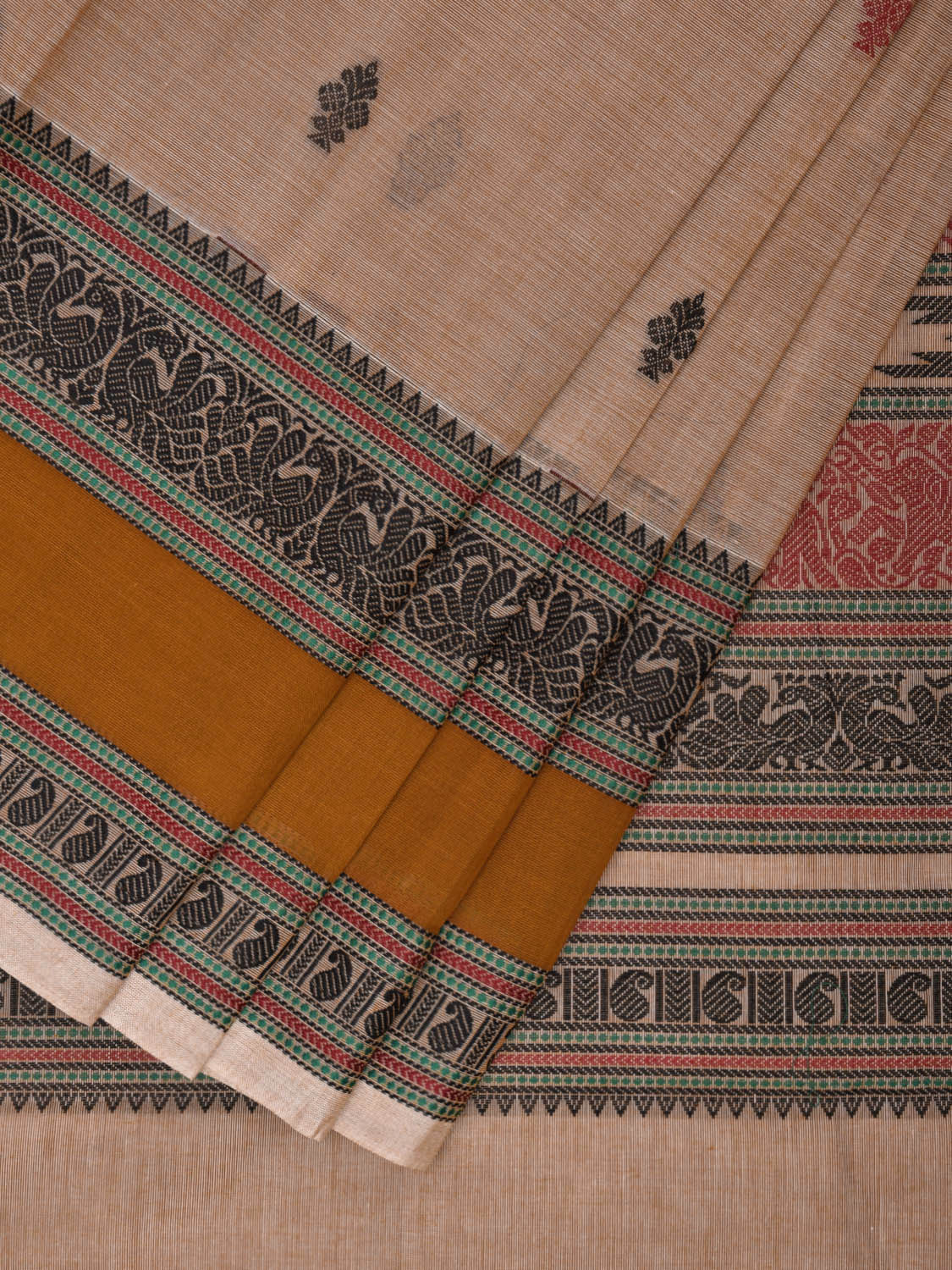 Cream Kanchipuram Cotton Saree with Buta and Peacock Border Design k0697