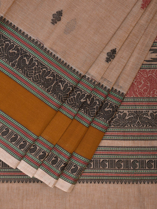 Cream Kanchipuram Cotton Saree with Buta and Peacock Border Design k0697