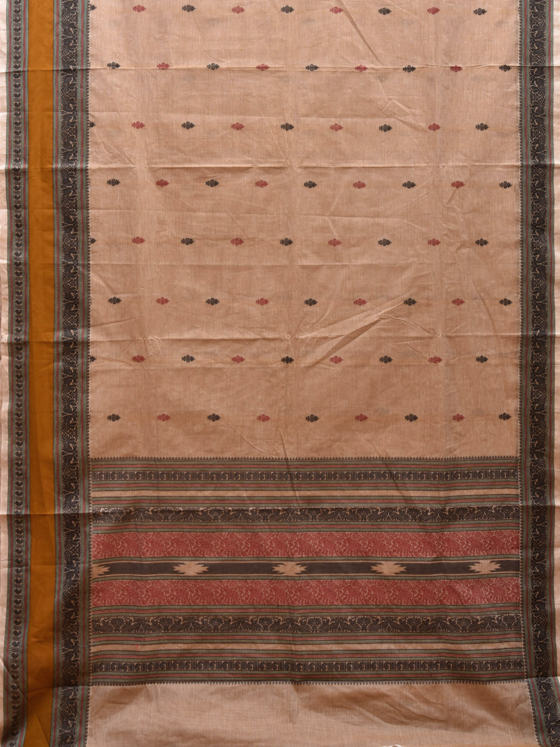 Cream Kanchipuram Cotton Saree with Buta and Peacock Border Design k0697