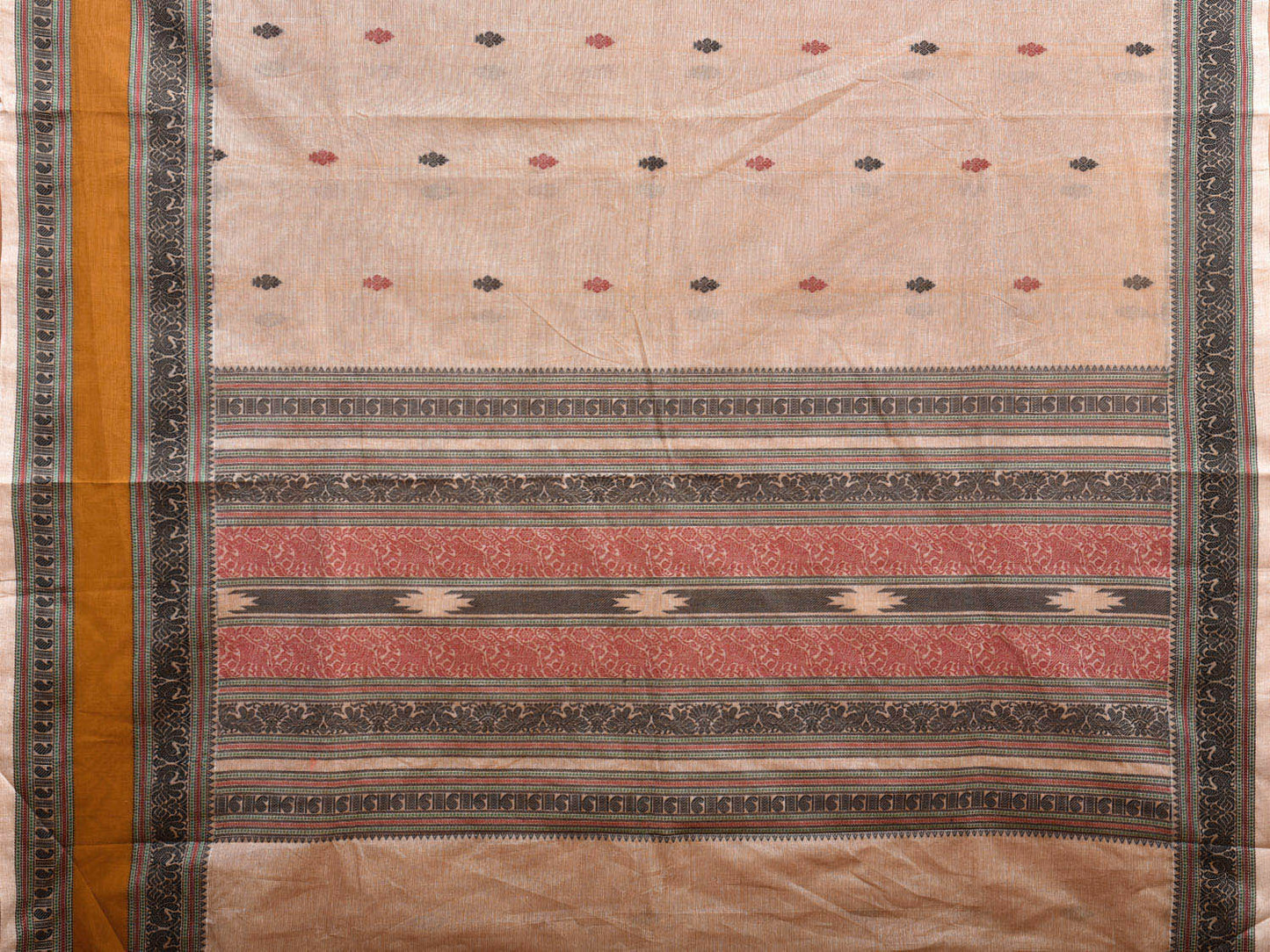 Cream Kanchipuram Cotton Saree with Buta and Peacock Border Design k0697