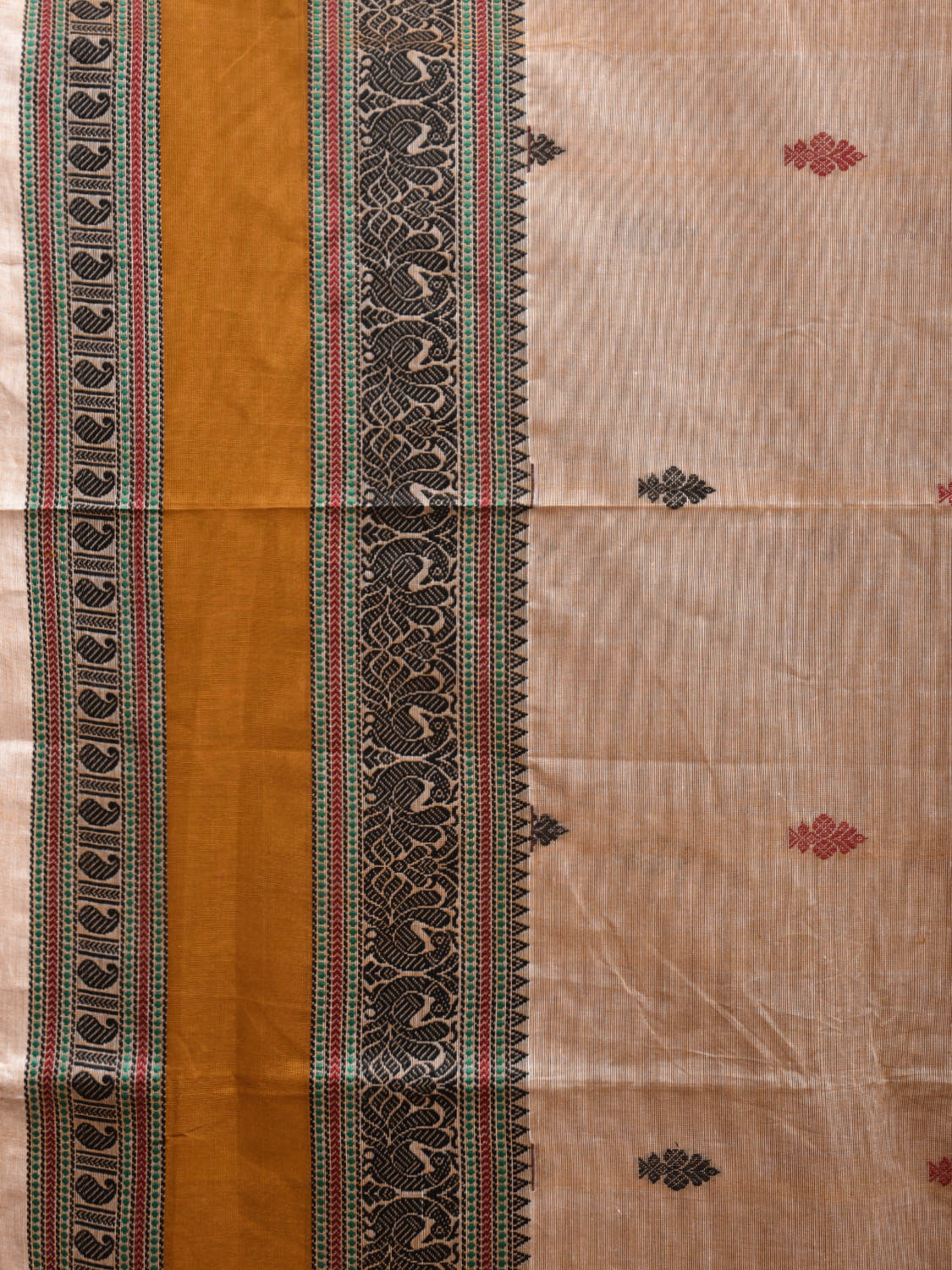 Cream Kanchipuram Cotton Saree with Buta and Peacock Border Design k0697
