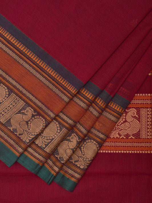 Magenta Kanchipuram Cotton Saree with Peacock Pallu and Border Design k0698