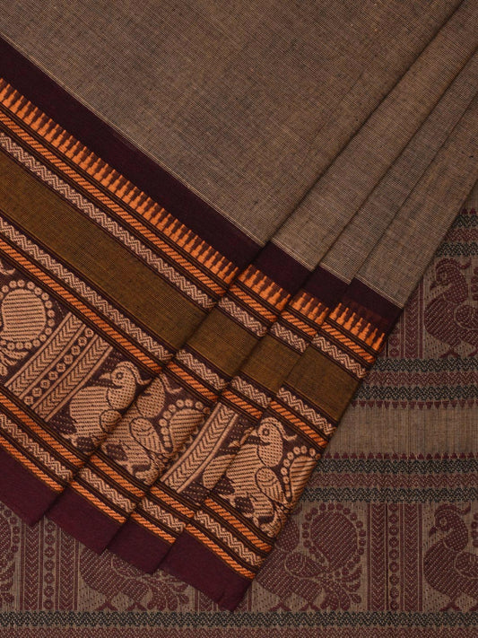 Khaki Kanchipuram Cotton Saree with Peacock Pallu and Border Design k0699