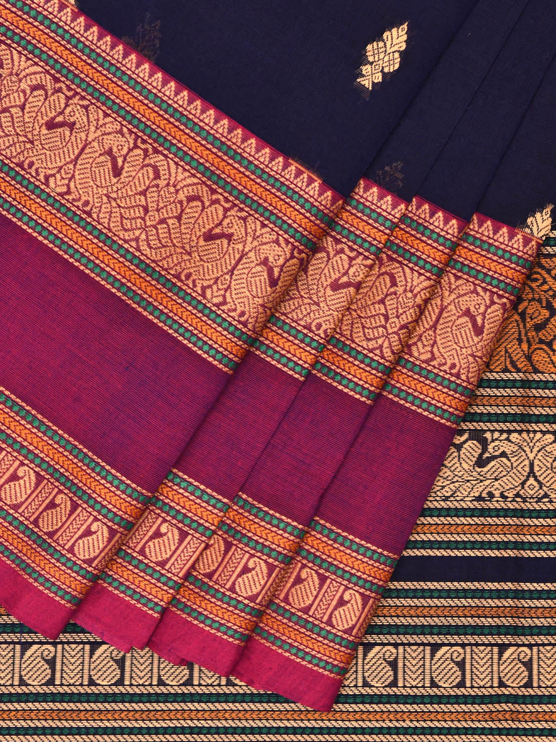 Navy and Purple Kanchipuram Cotton Saree with Buta and Peacock Border Design k0700