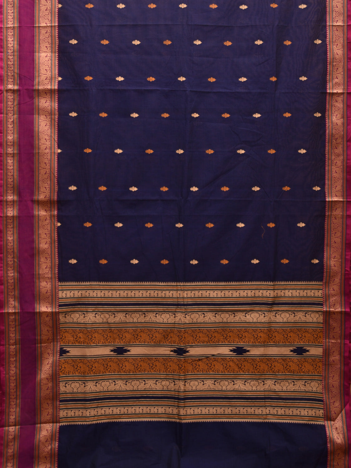 Navy and Purple Kanchipuram Cotton Saree with Buta and Peacock Border Design k0700