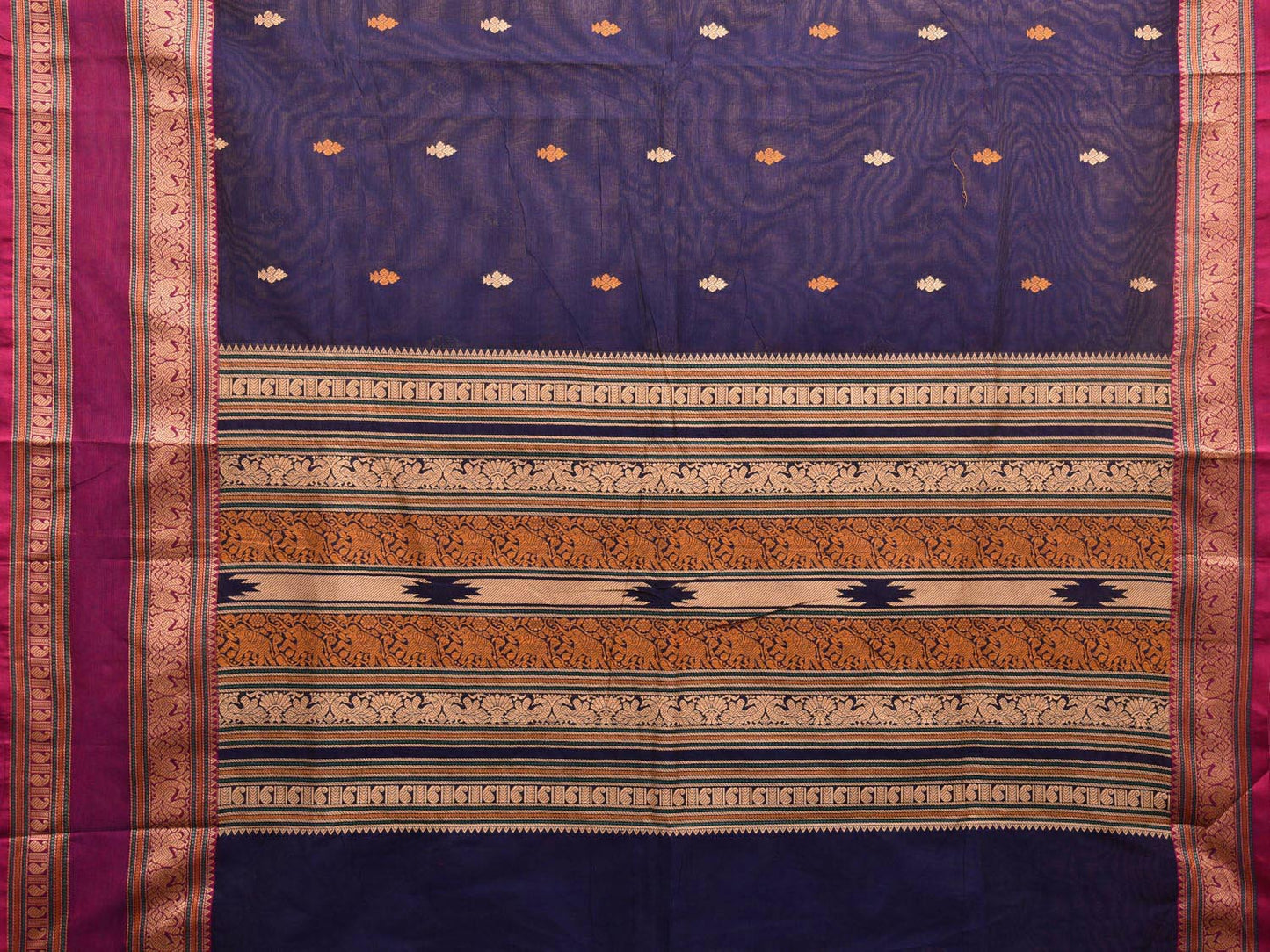 Navy and Purple Kanchipuram Cotton Saree with Buta and Peacock Border Design k0700