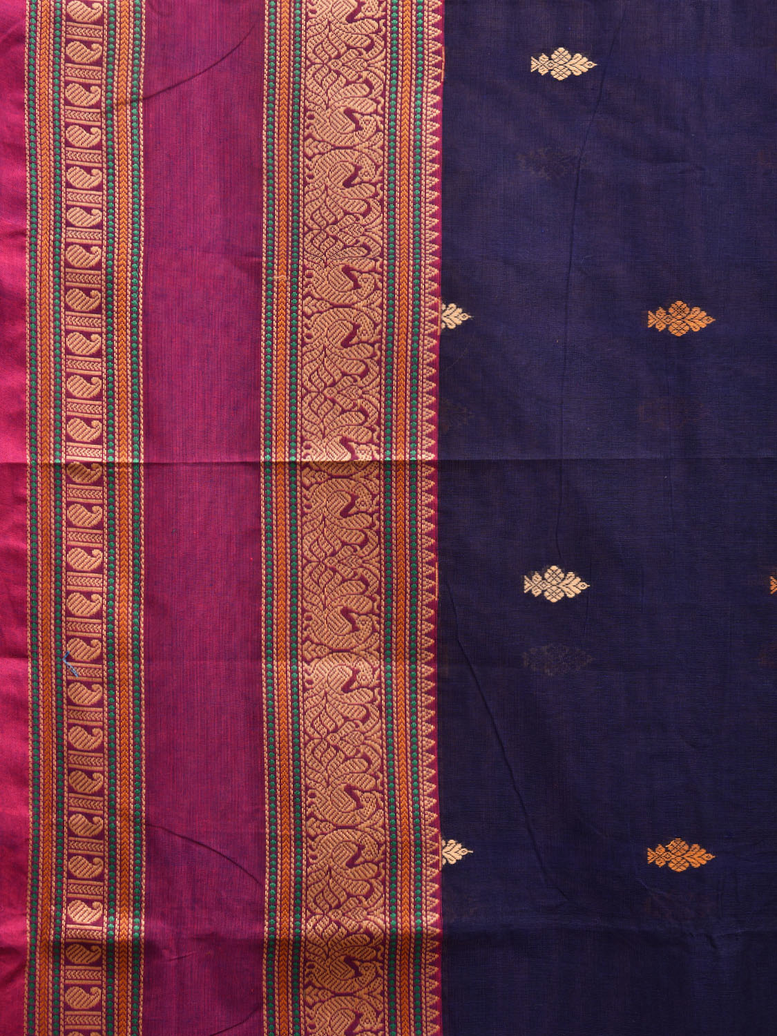Navy and Purple Kanchipuram Cotton Saree with Buta and Peacock Border Design k0700