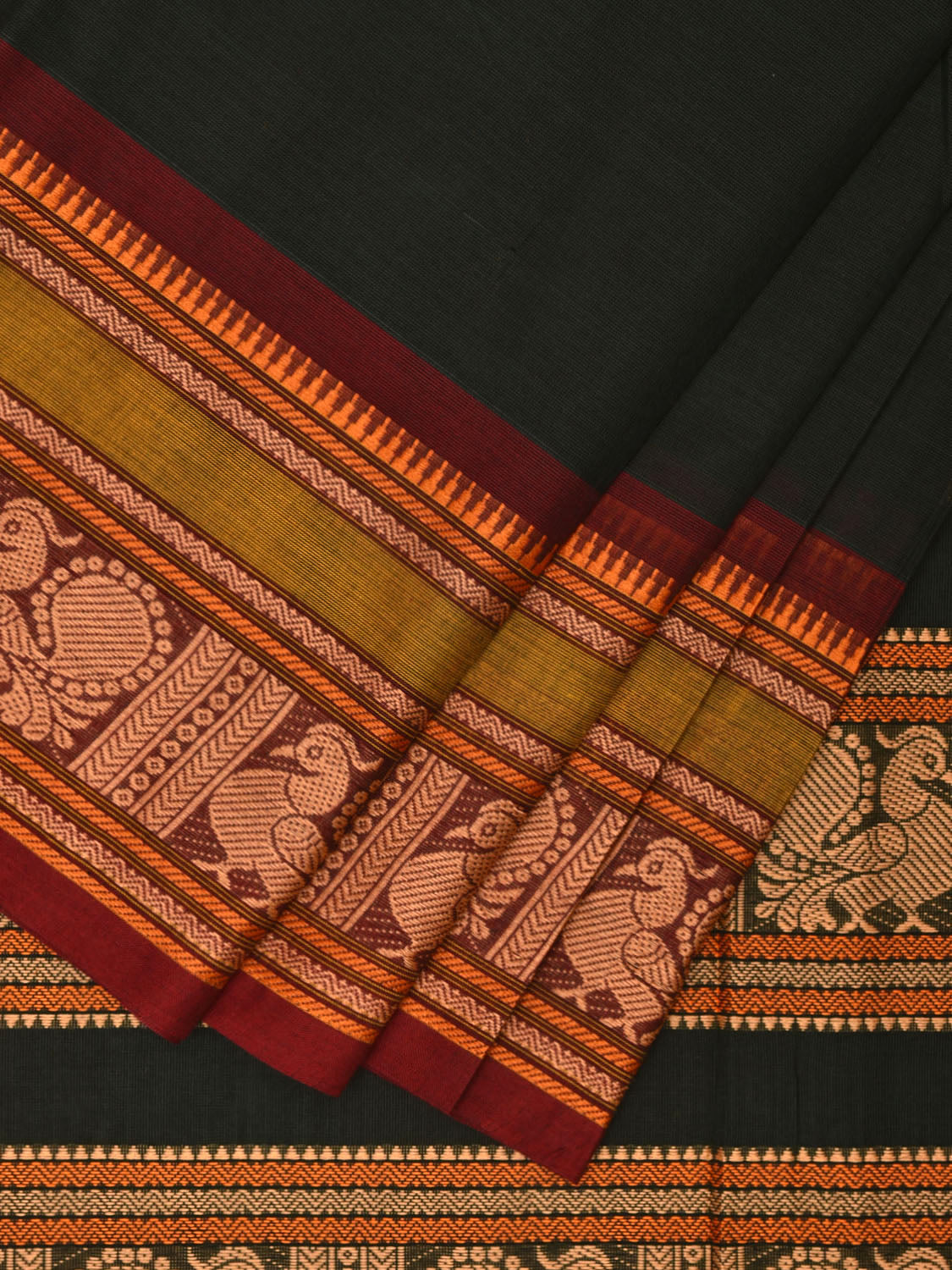 Dark Green Kanchipuram Cotton Saree with Peacock Pallu and Border Design k0701