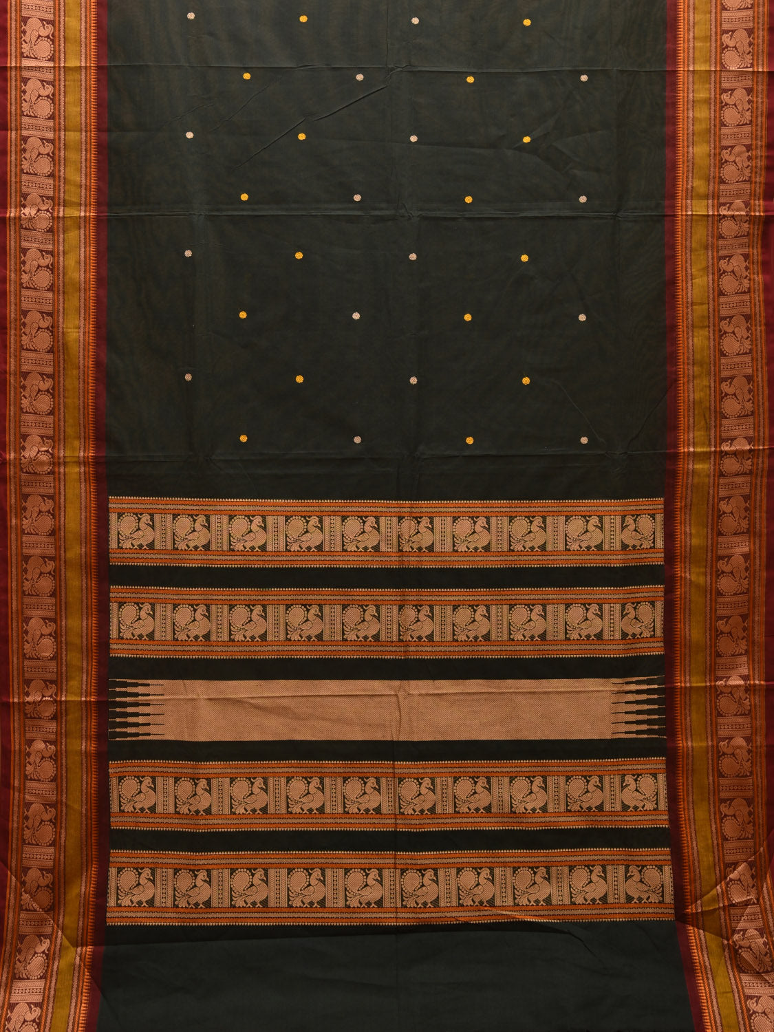 Dark Green Kanchipuram Cotton Saree with Peacock Pallu and Border Design k0701