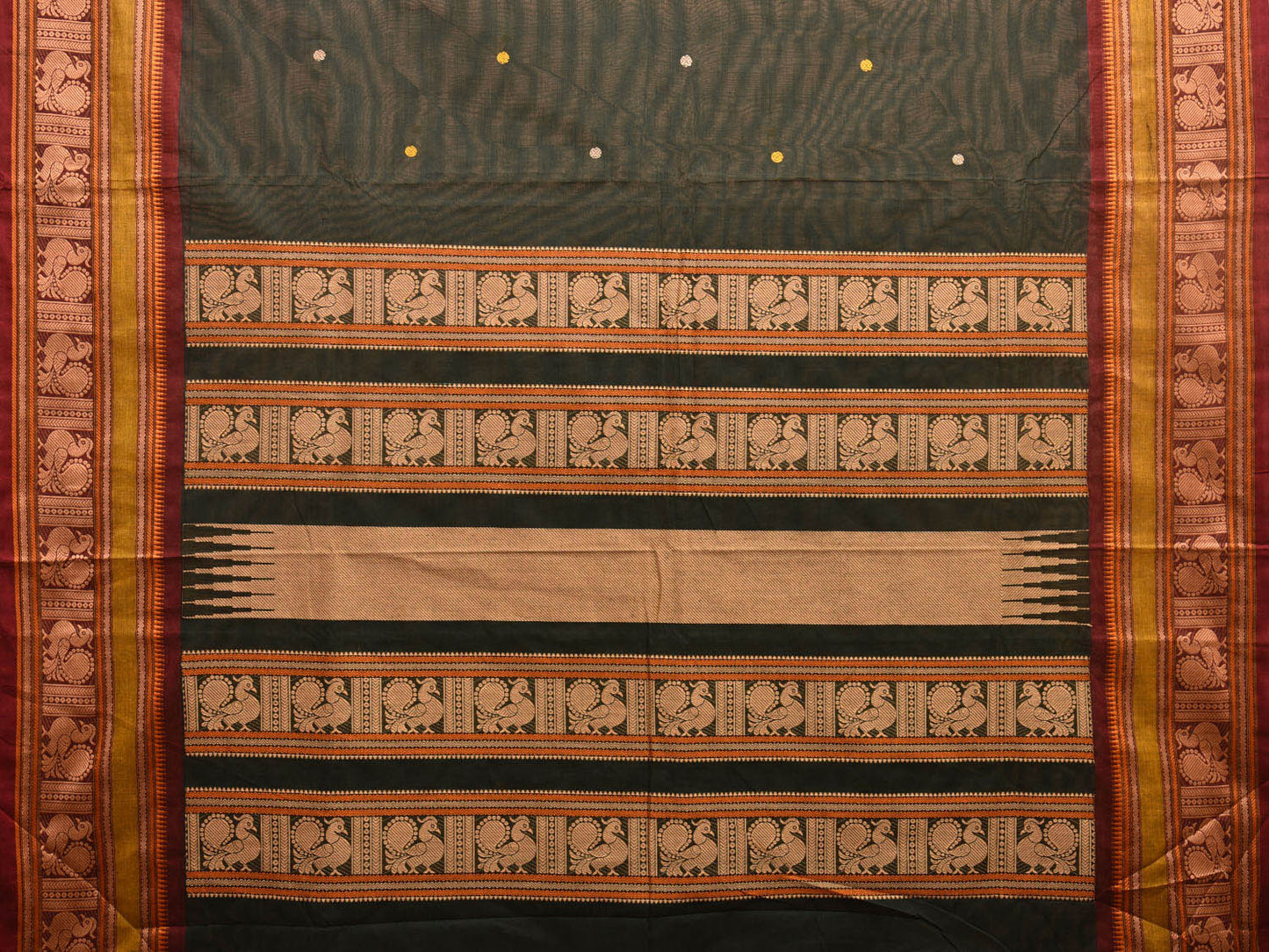 Dark Green Kanchipuram Cotton Saree with Peacock Pallu and Border Design k0701