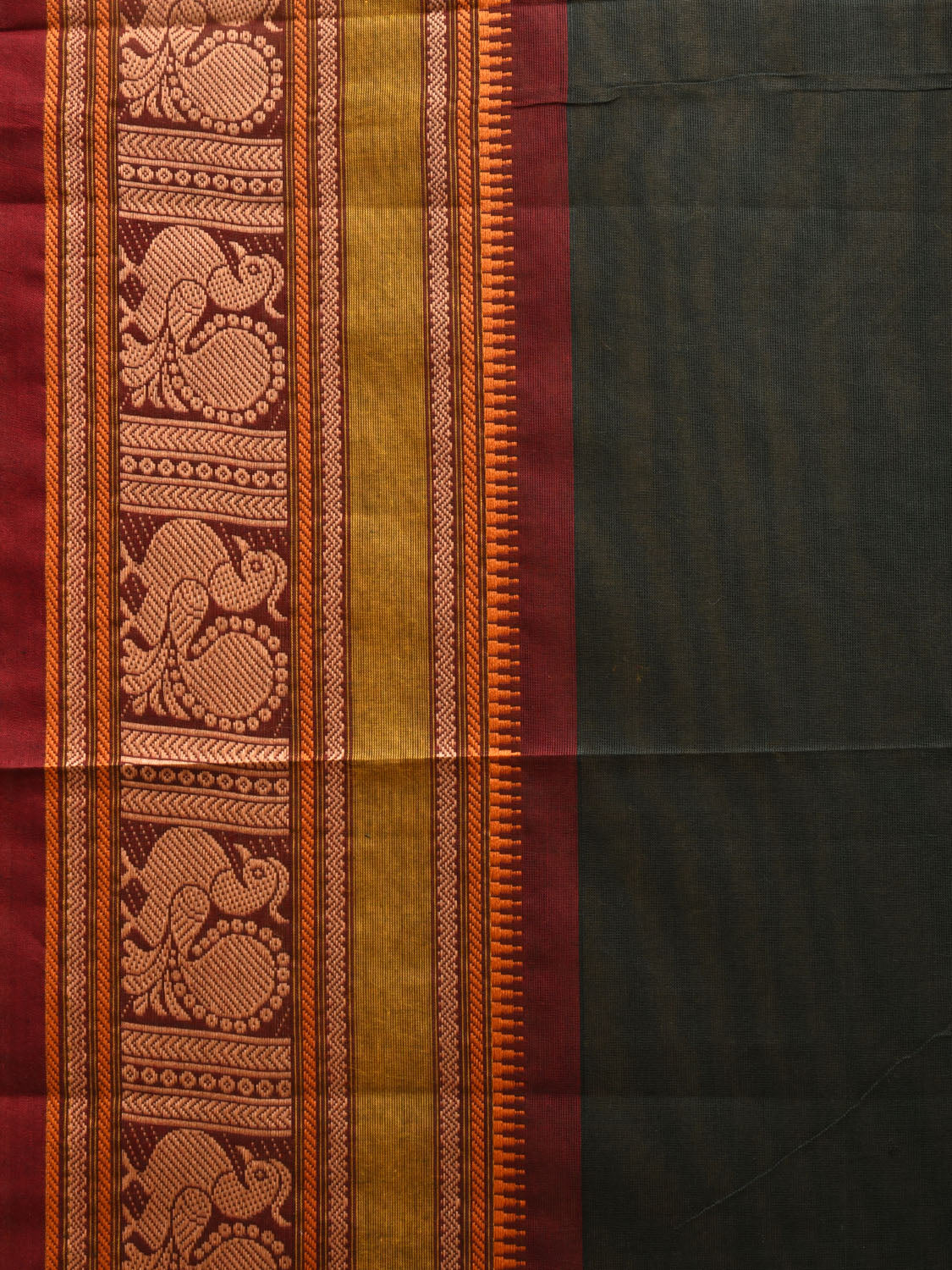 Dark Green Kanchipuram Cotton Saree with Peacock Pallu and Border Design k0701