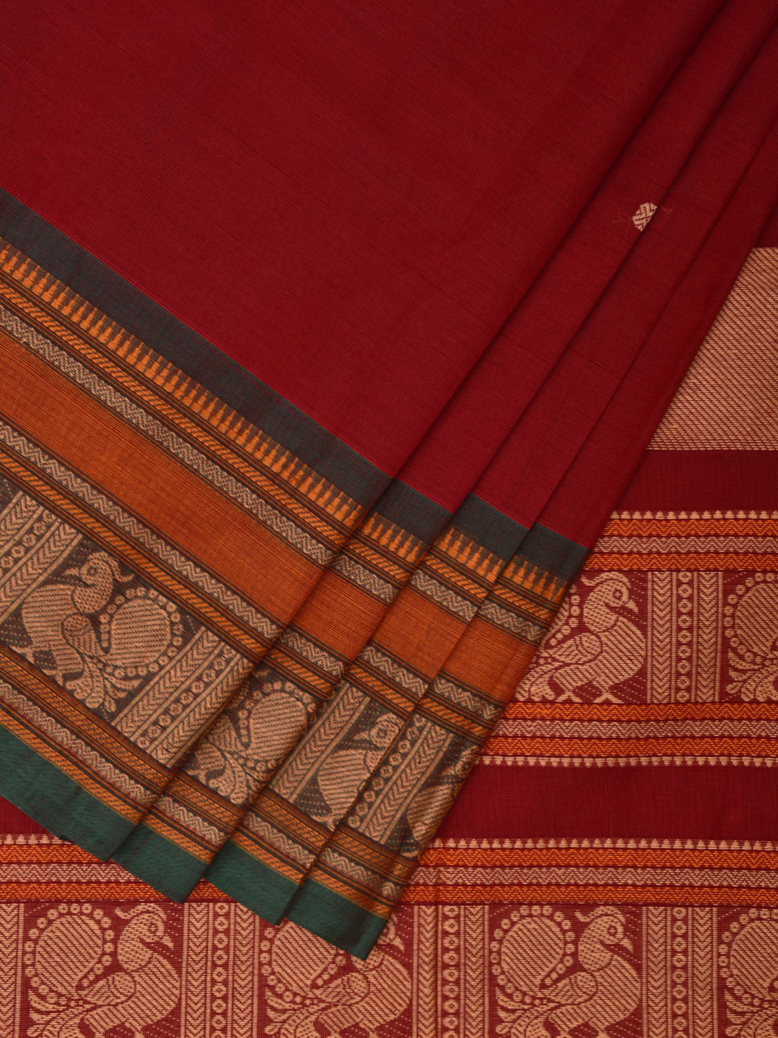 Dark Red Kanchipuram Cotton Saree with Peacock Pallu and Border Design k0702