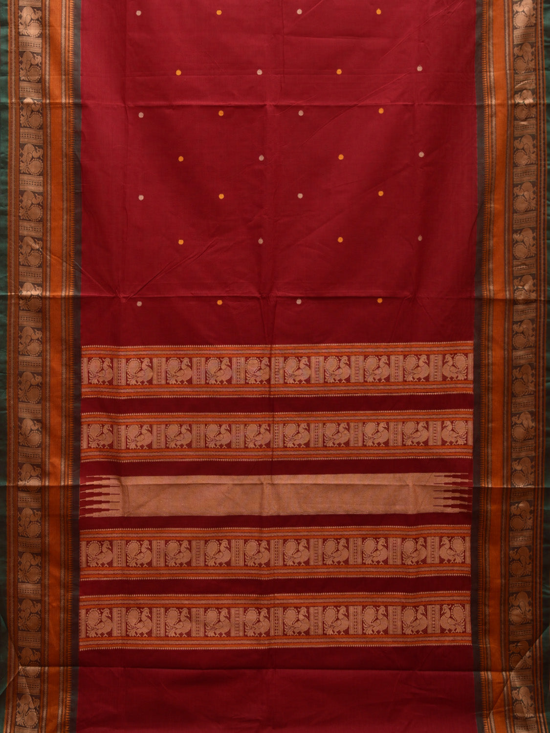 Dark Red Kanchipuram Cotton Saree with Peacock Pallu and Border Design k0702
