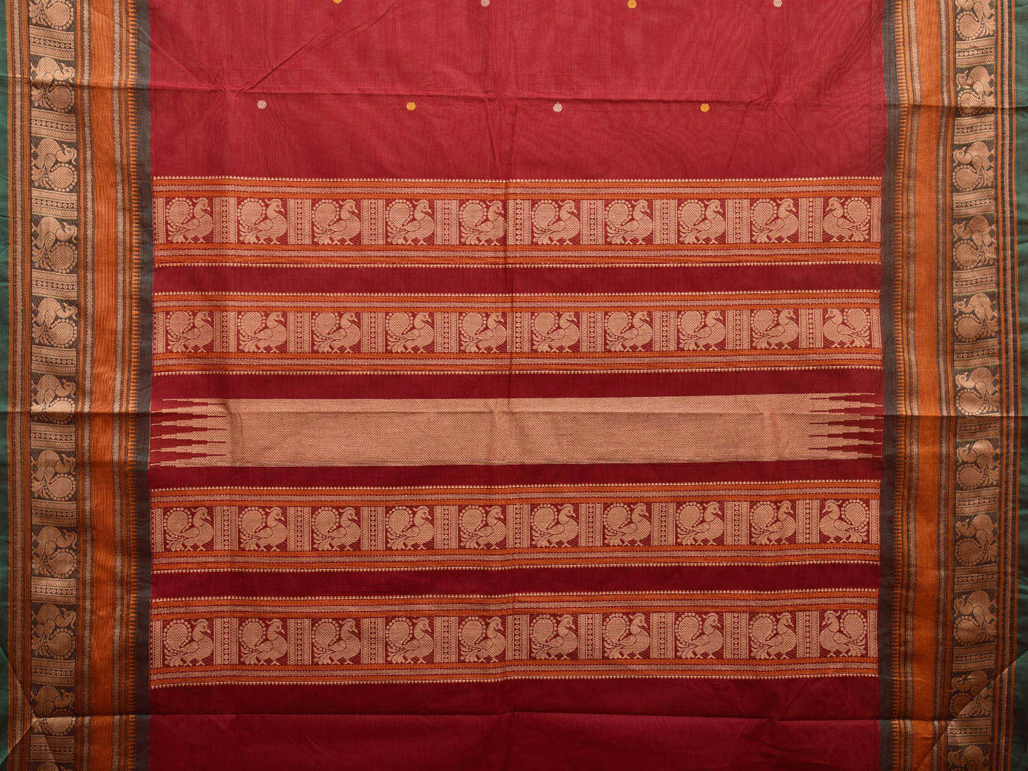 Dark Red Kanchipuram Cotton Saree with Peacock Pallu and Border Design k0702