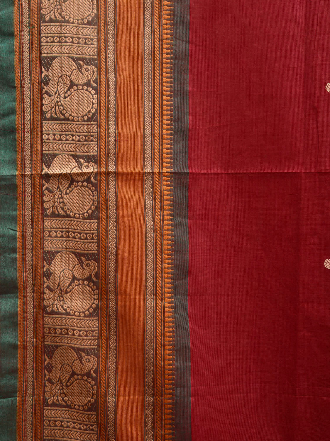 Dark Red Kanchipuram Cotton Saree with Peacock Pallu and Border Design k0702