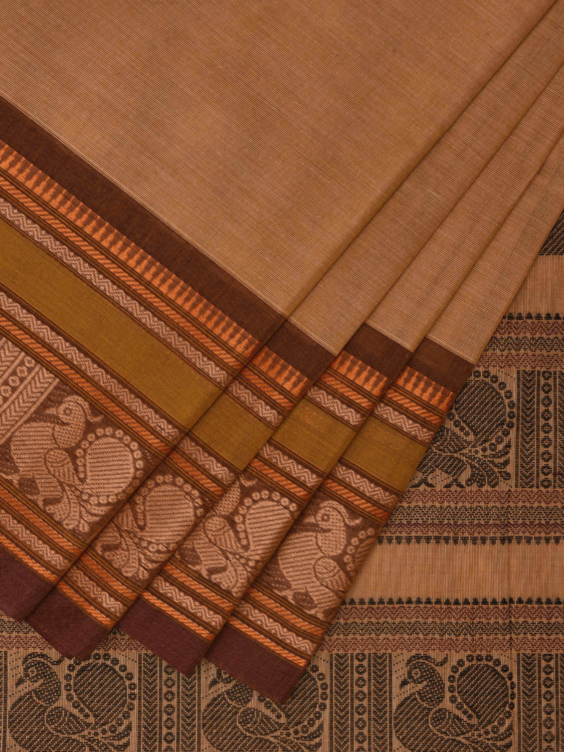 Cream Kanchipuram Cotton Saree with Peacock Pallu and Border Design k0703