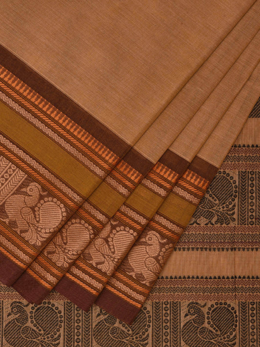 Cream Kanchipuram Cotton Saree with Peacock Pallu and Border Design k0703