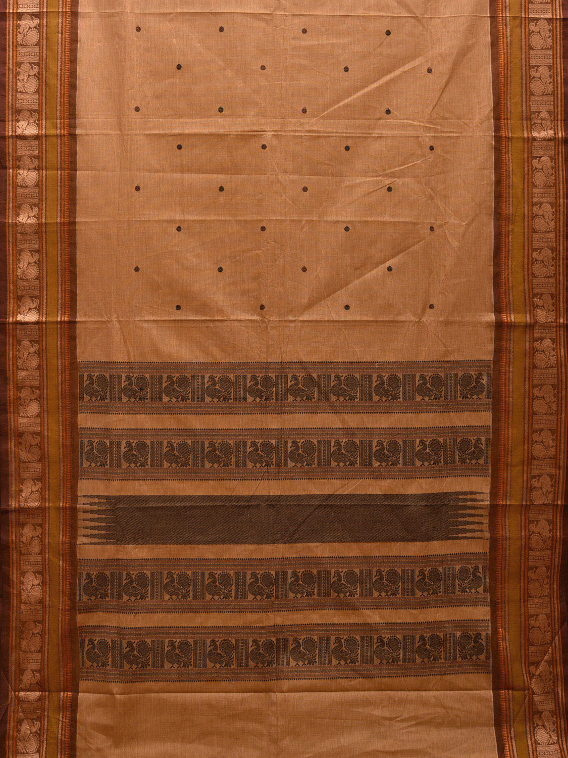 Cream Kanchipuram Cotton Saree with Peacock Pallu and Border Design k0703