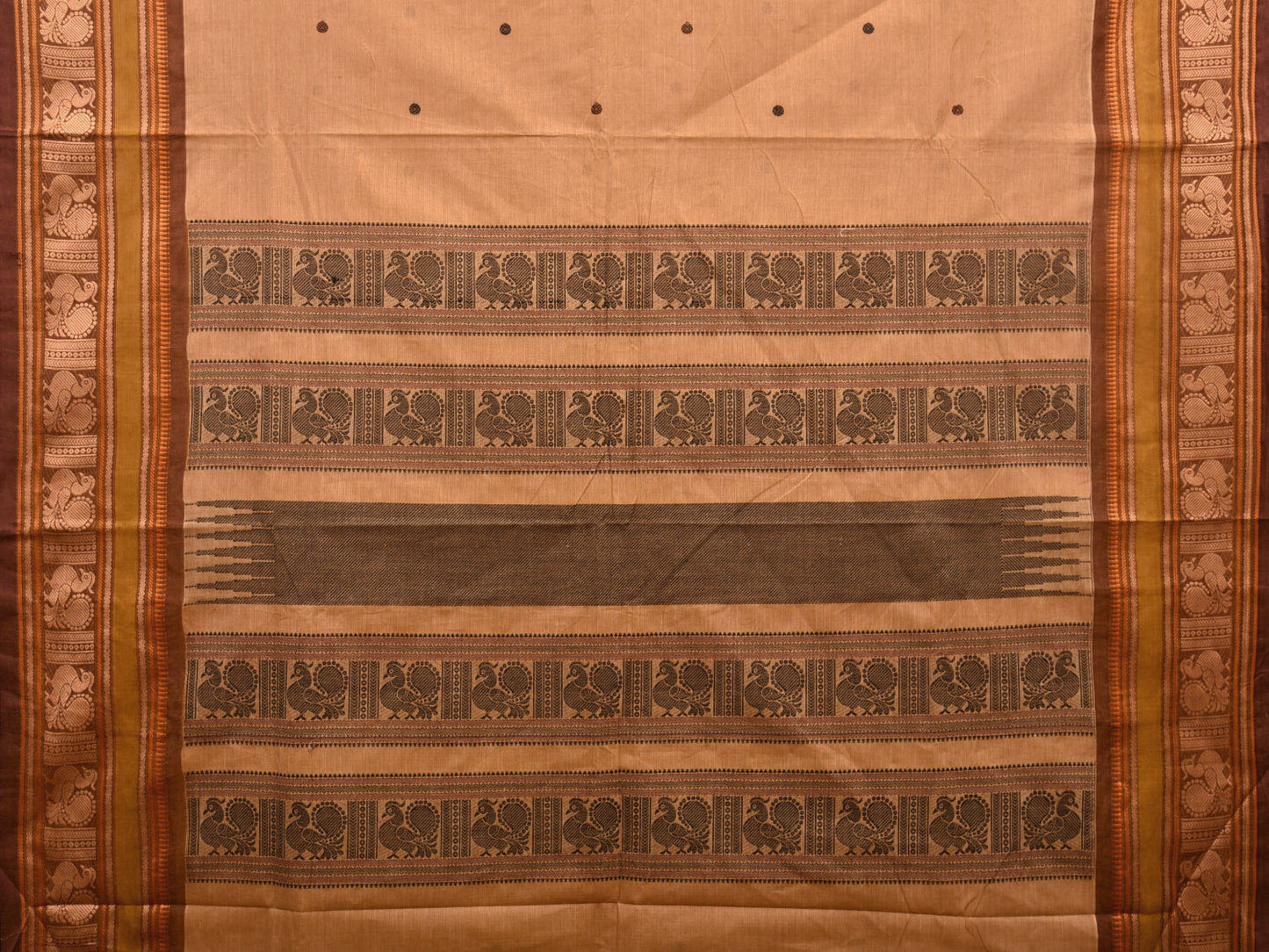 Cream Kanchipuram Cotton Saree with Peacock Pallu and Border Design k0703