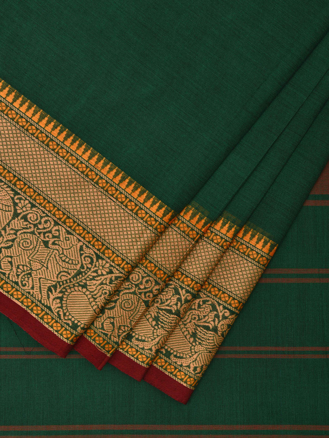 Green Kanchipuram Cotton Plain Saree with Strips Pallu and Peacock Border Design k0704