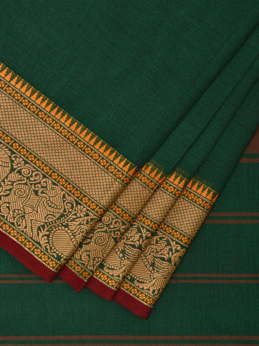 Green Kanchipuram Cotton Plain Saree with Strips Pallu and Peacock Border Design k0704