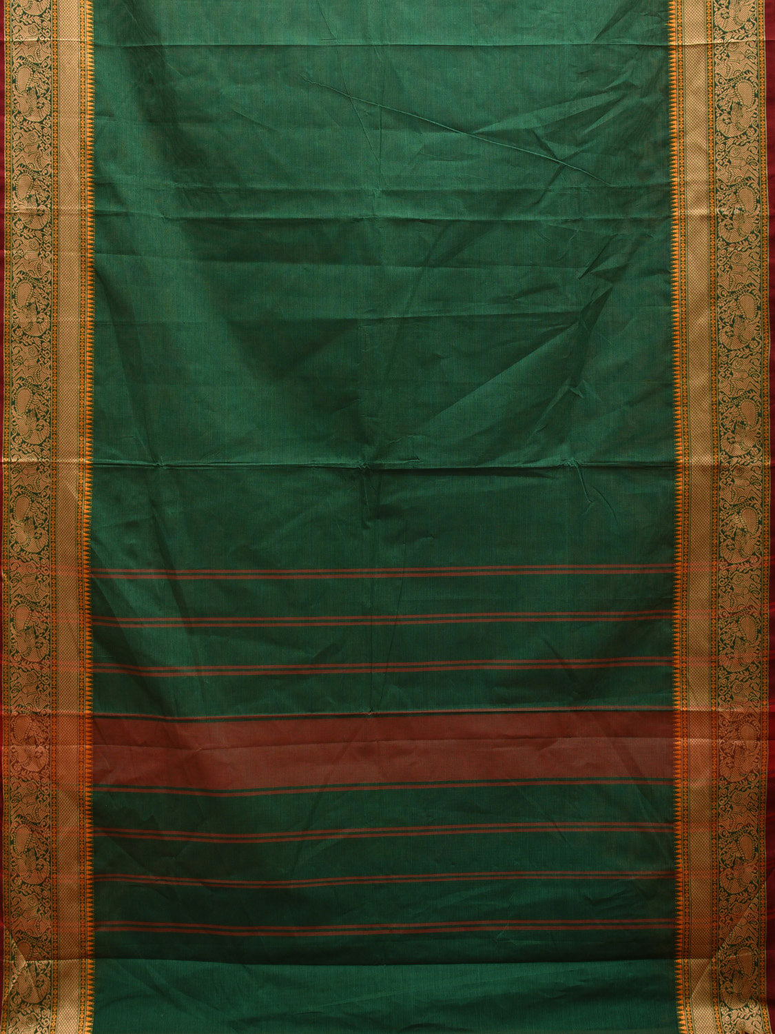 Green Kanchipuram Cotton Plain Saree with Strips Pallu and Peacock Border Design k0704