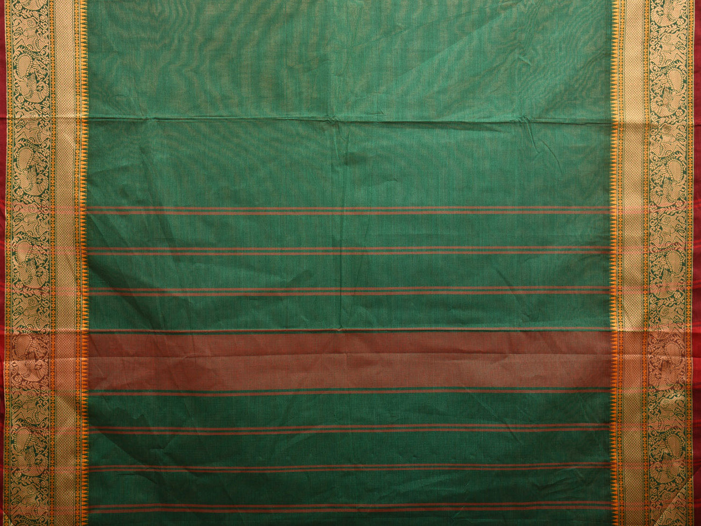 Green Kanchipuram Cotton Plain Saree with Strips Pallu and Peacock Border Design k0704
