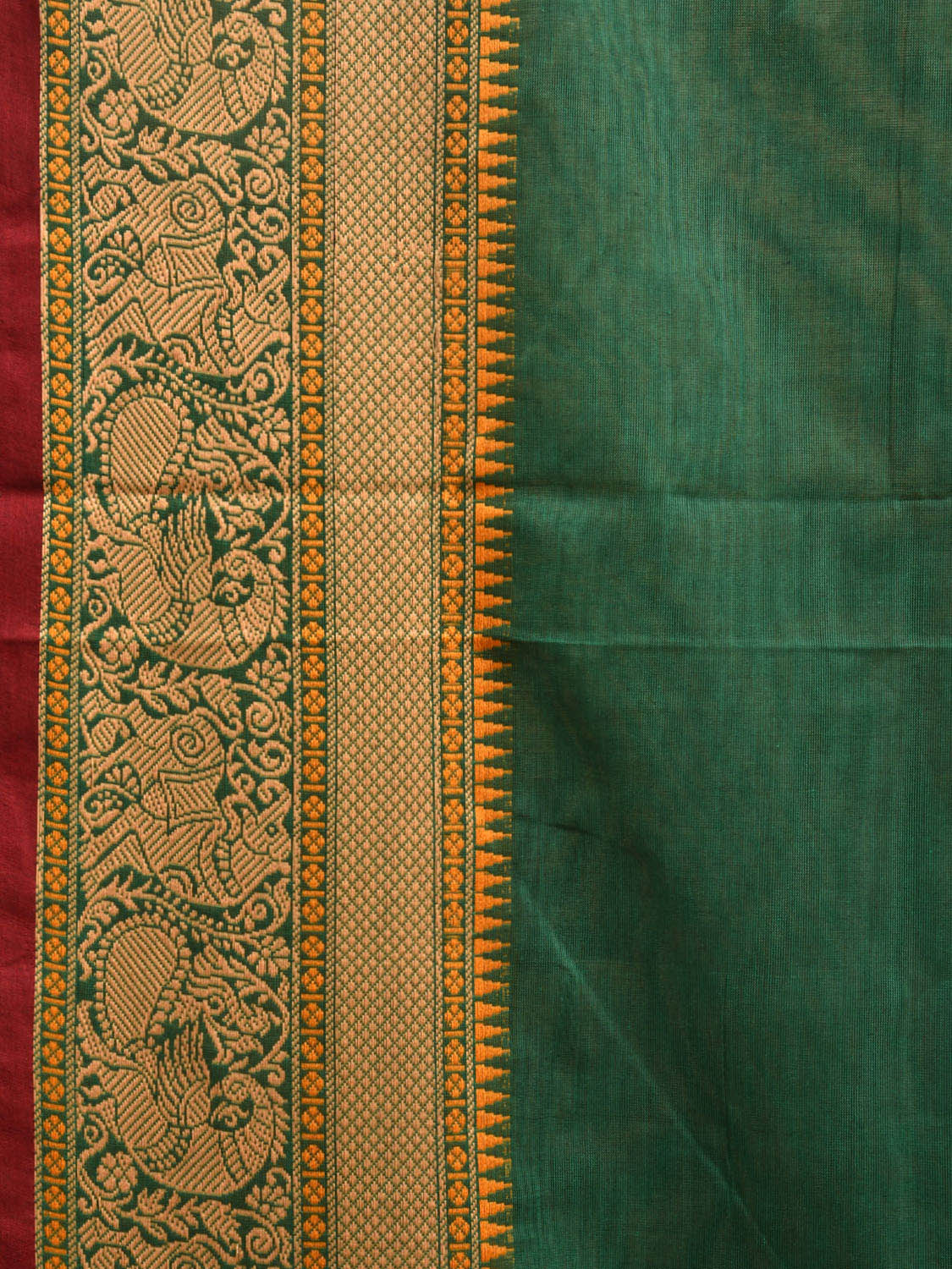 Green Kanchipuram Cotton Plain Saree with Strips Pallu and Peacock Border Design k0704