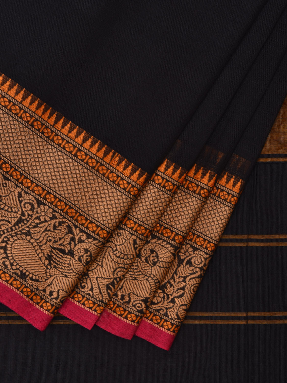 Navy Kanchipuram Cotton Plain Saree with Strips Pallu and Peacock Border Design k0705
