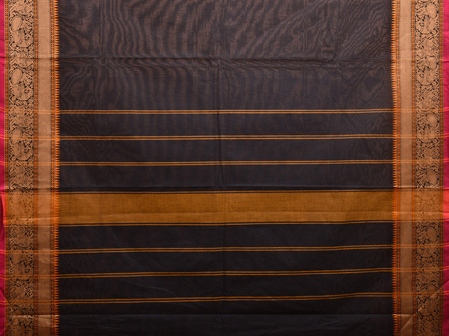 Navy Kanchipuram Cotton Plain Saree with Strips Pallu and Peacock Border Design k0705