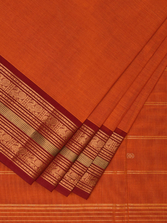 Orange Kanchipuram Cotton Saree with Strips Pallu and Peacock Border Design k0706