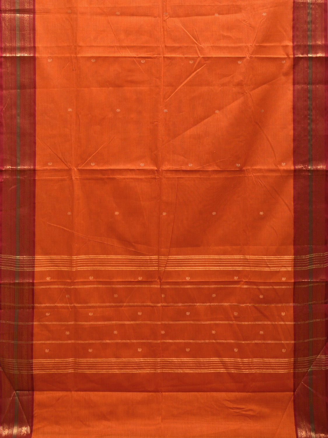 Orange Kanchipuram Cotton Saree with Strips Pallu and Peacock Border Design k0706