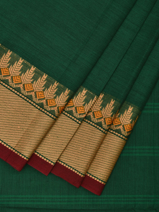 Green Kanchipuram Cotton Plain Saree with Strips Pallu and Border Design k0707