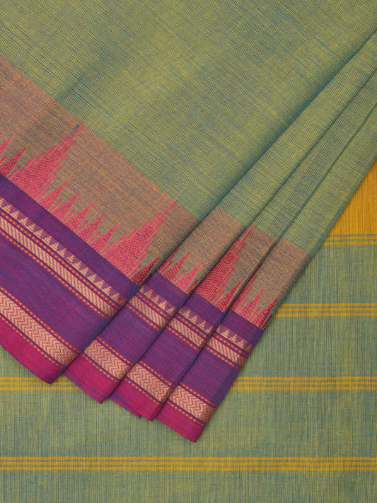 Turquoise and Purple Kanchipuram Cotton Plain Saree with Strips Pallu and Temple Border Design k0708