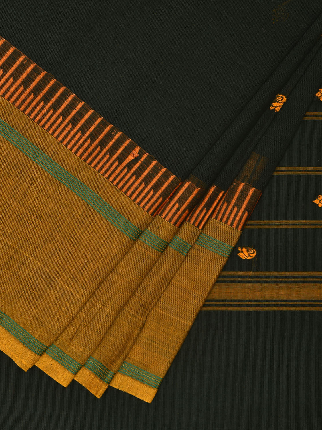 Dark Green Kanchipuram Cotton Saree with Strips Pallu and Big Border Design k0709