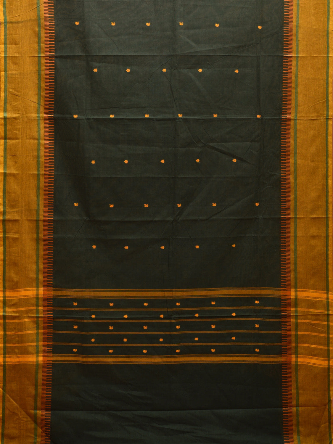 Dark Green Kanchipuram Cotton Saree with Strips Pallu and Big Border Design k0709