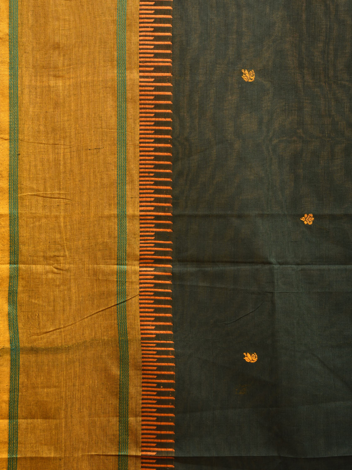 Dark Green Kanchipuram Cotton Saree with Strips Pallu and Big Border Design k0709