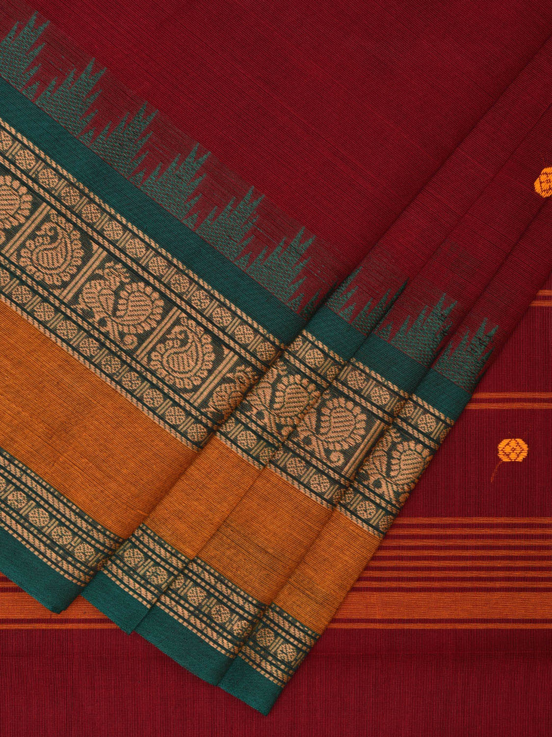 Dark Red Kanchipuram Cotton Saree with Strips Pallu and Peacock-Mango Border Design k0710